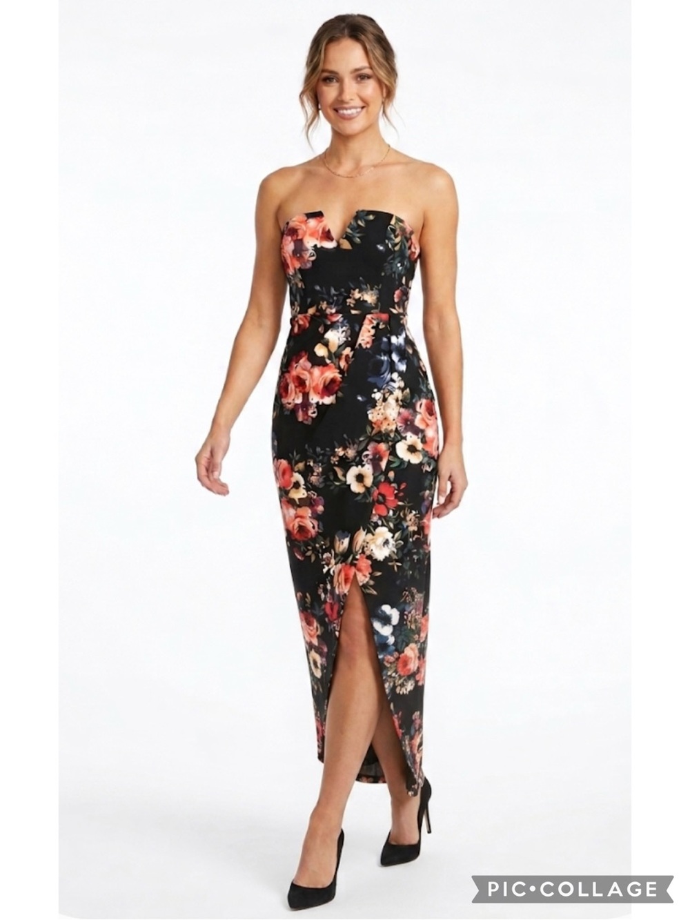 Belle Journee Black Floral Strapless Split Hem Maxi Dress S Cocktail Party